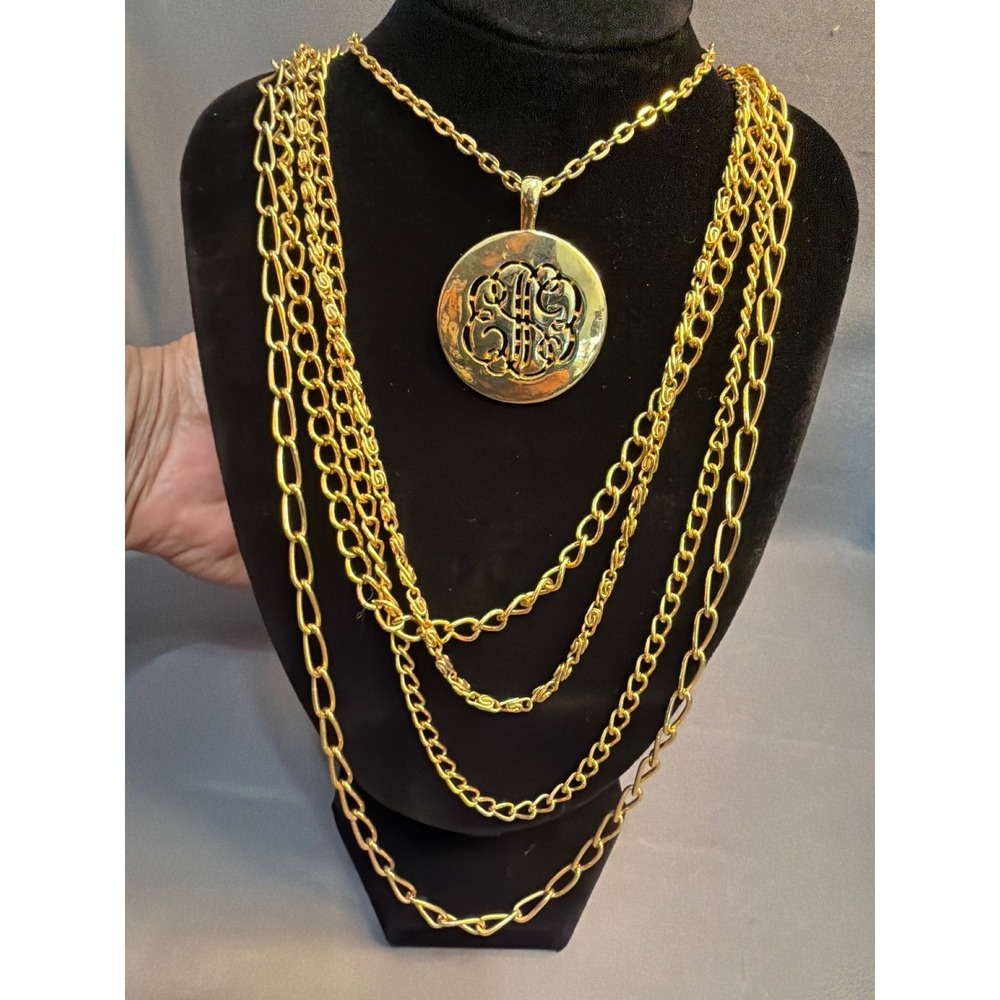 Vintage Gold Tone Multi Strand Chain Necklace Scroll Monogram Medallion Pendant